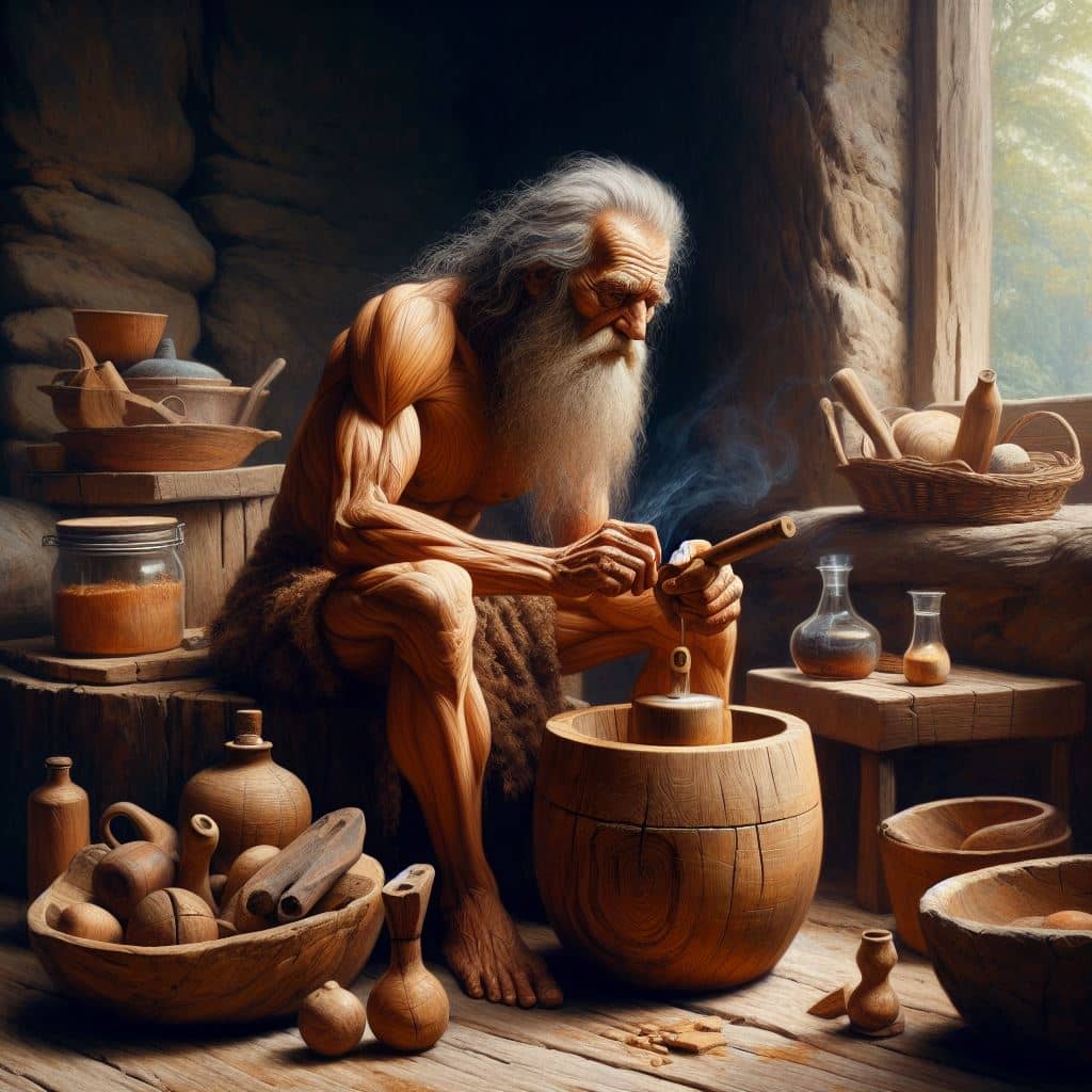 مردی باستانی در حال مراقبت از لوازم آشپزخانه چوبی - روغن کاری