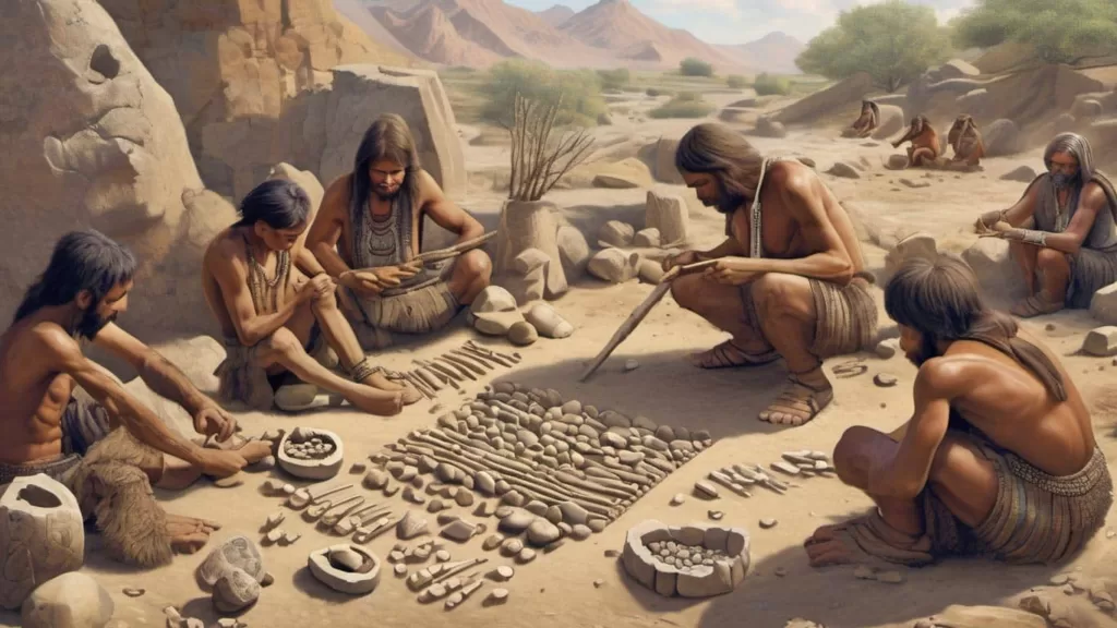نمایی از انسان‌های دوره‌ی باستان که با سنگ و چوب تاریخ صنایع دستی را رقم زدند.